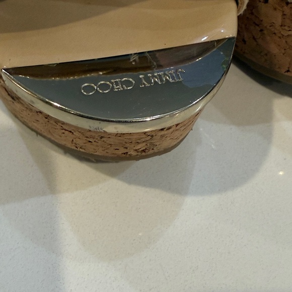 Jimmy Choo Prima Nude Patent Leather Cork Wedge Slide Sandals. Size 37 1/2 - Picture 11 of 15